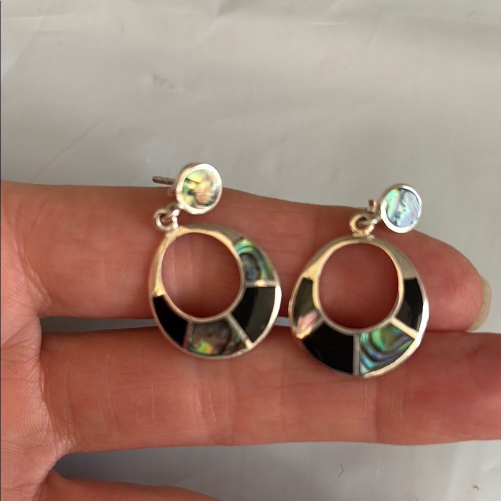 Sterling Silver Black Onyx and Abalone Hoop Earrings